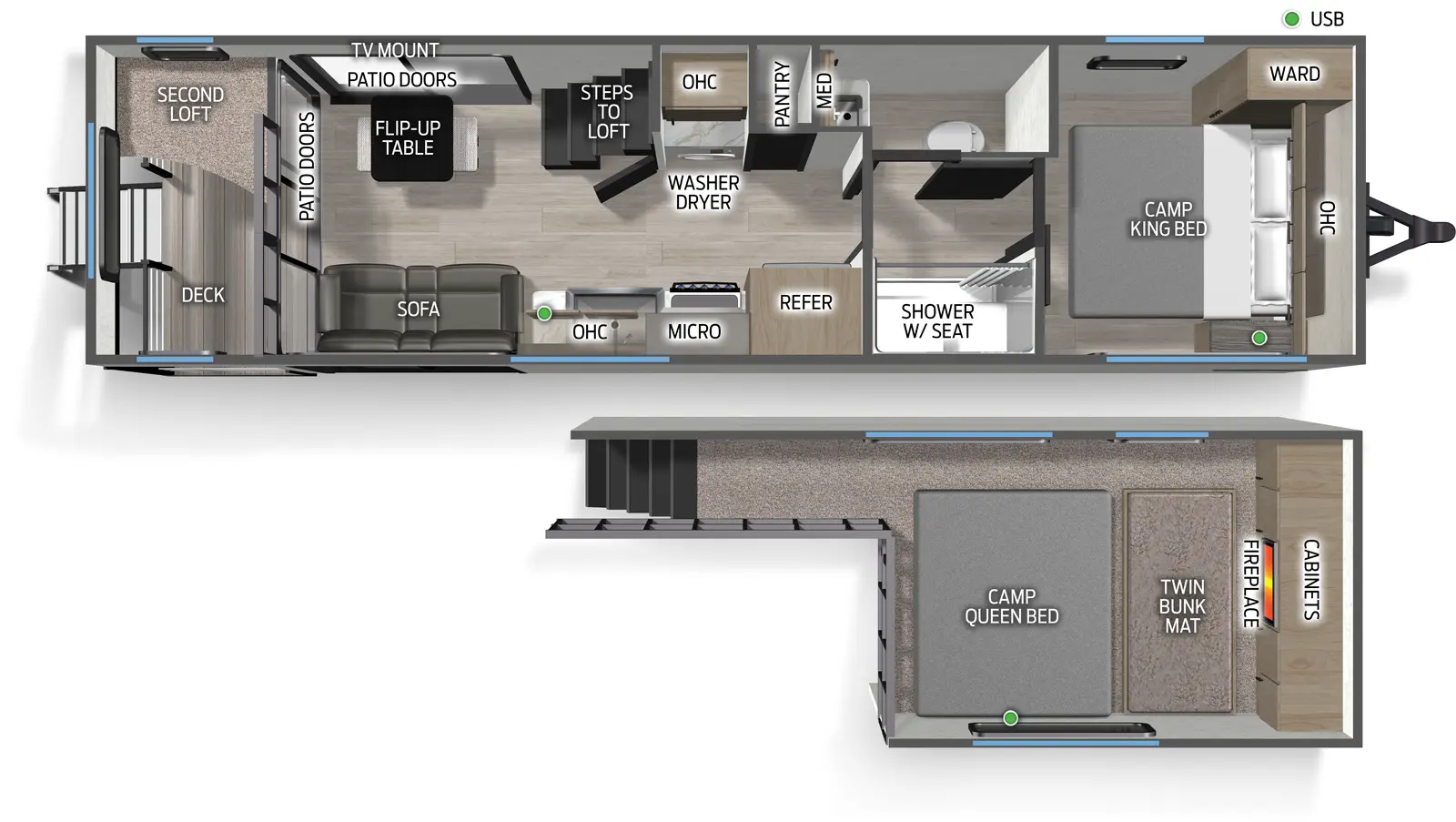 The Campsite Reserve 20JW floorplan has one entry and zero slide outs. Exterior features include: metal exterior. Interiors features include: loft, front bedroom, rear living and pass through bathroom.